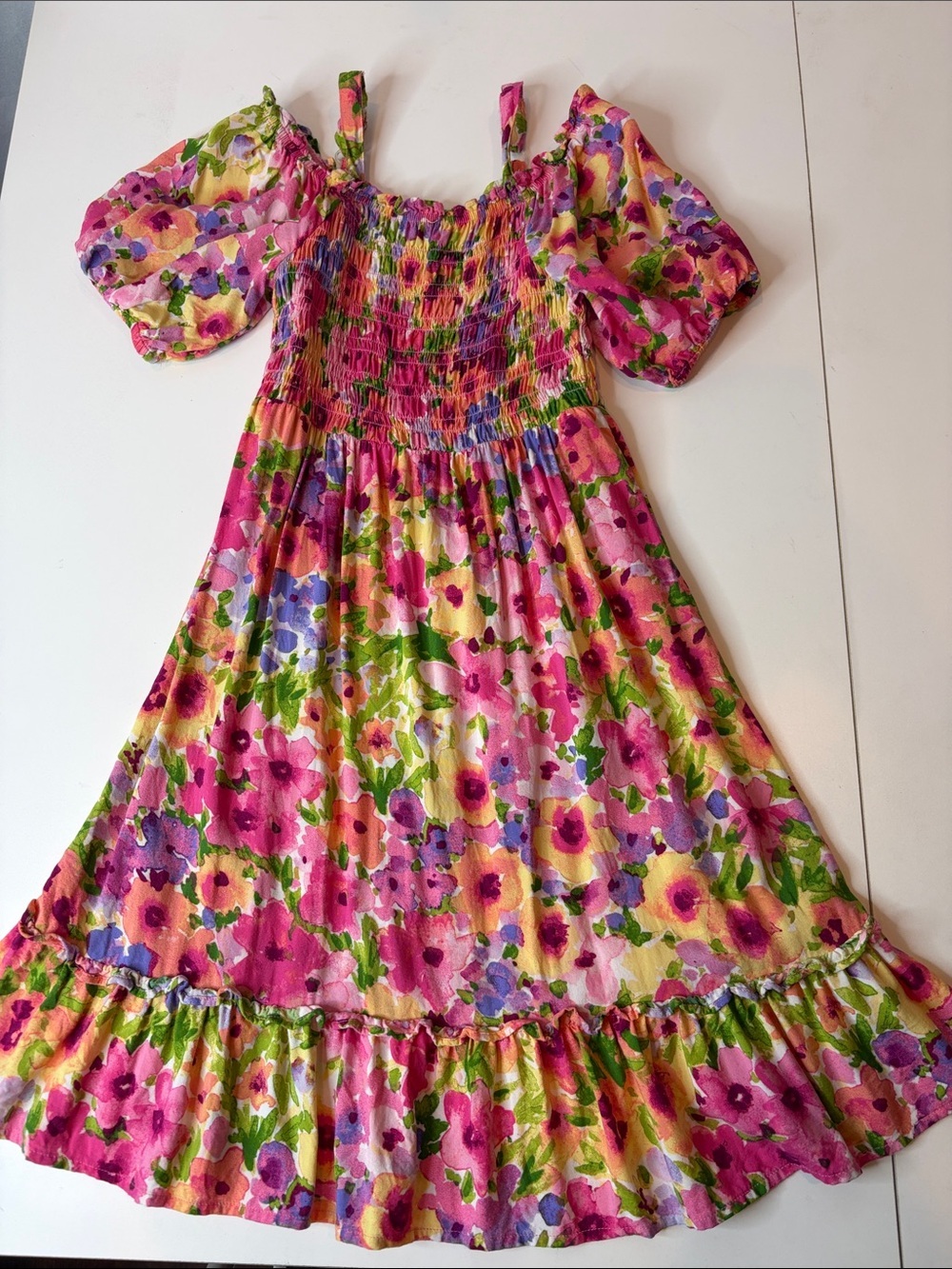 PLACE Girls Watercolor Floral Smocked Puff Sleeve Dress Size M 7/8
